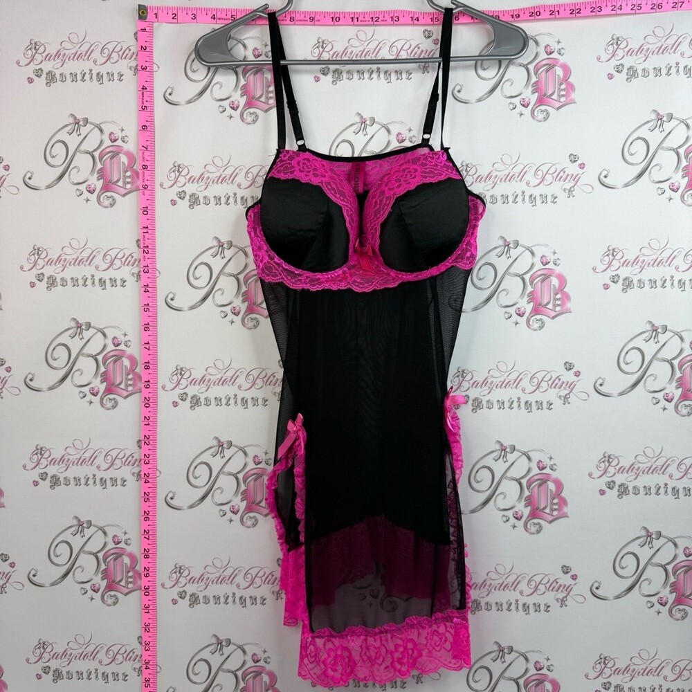 B delicious mini dress Sheer Black Chemise with Pink Lace Trim Elegant Nightwear